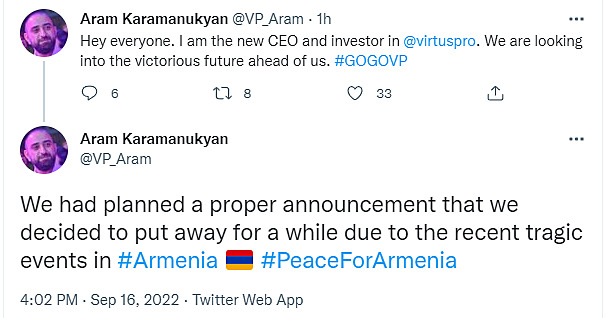 Virtus.pro gets new CEO and investor, unknown Armenian Aram Karamanukyan.  The org leaves Russia? — Escorenews