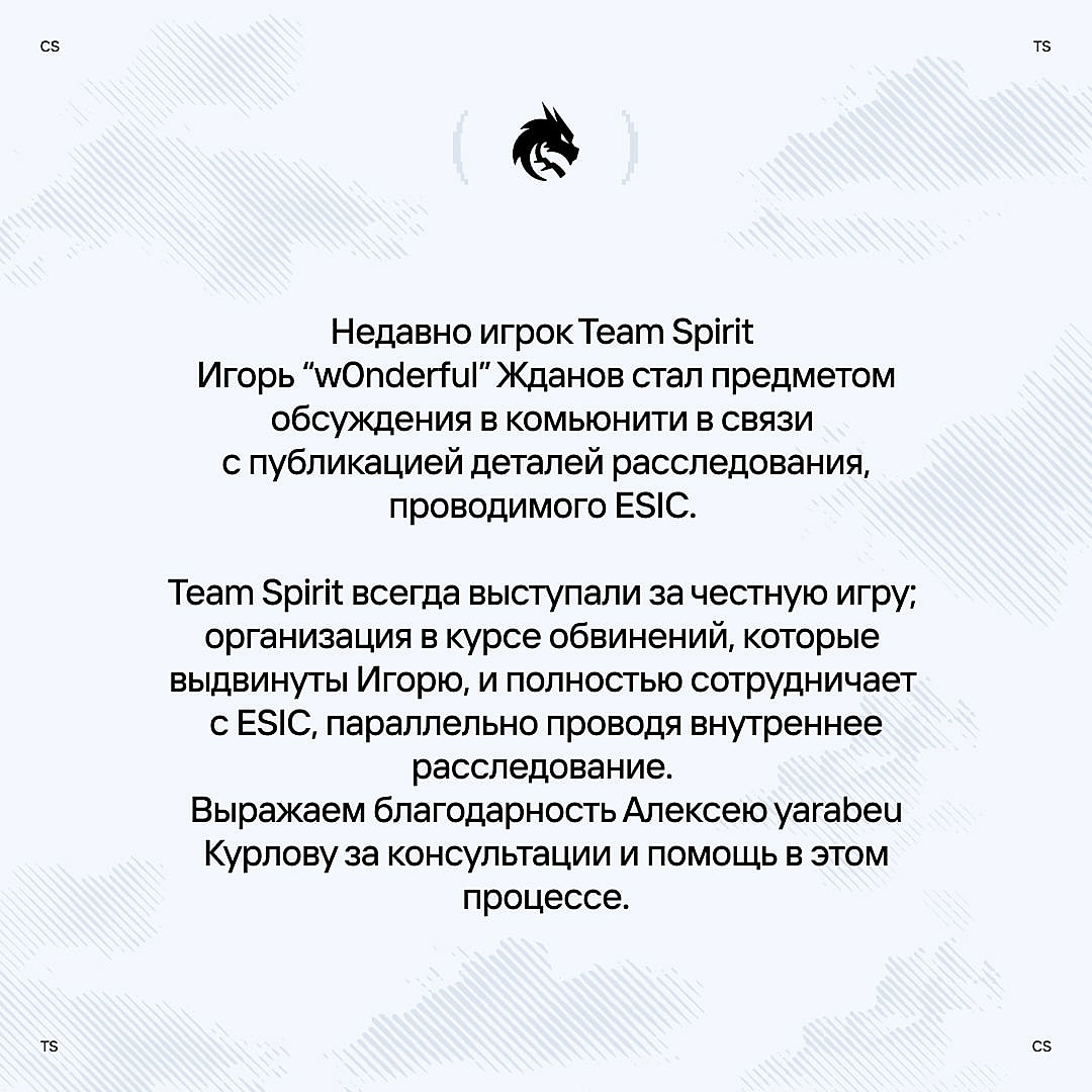 Team Spirit проводит внутреннее расследование из-за обвинений w0nderful в  матчфиксинге — Escorenews