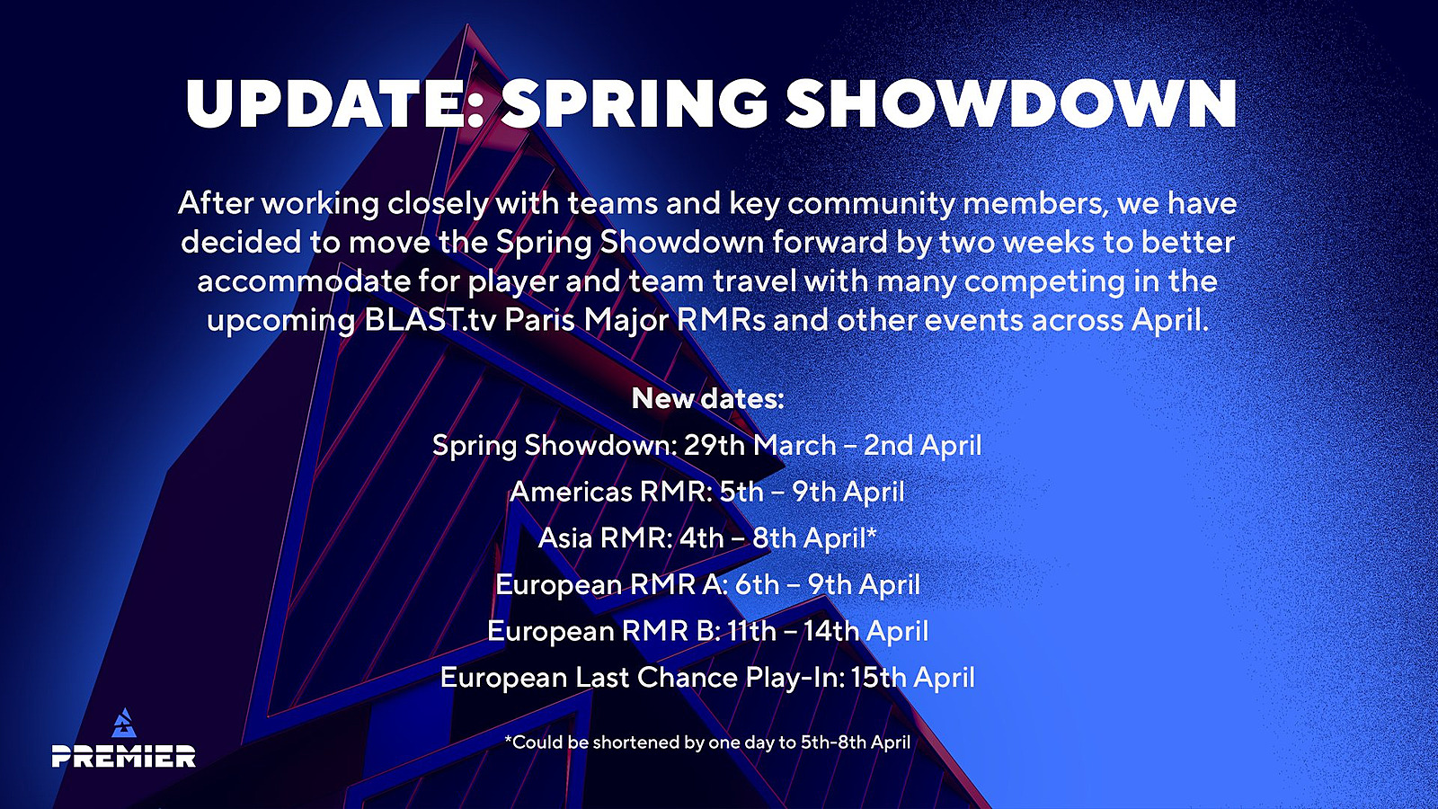 BLAST reschedules Spring Showdown to better fit Paris Major RMR